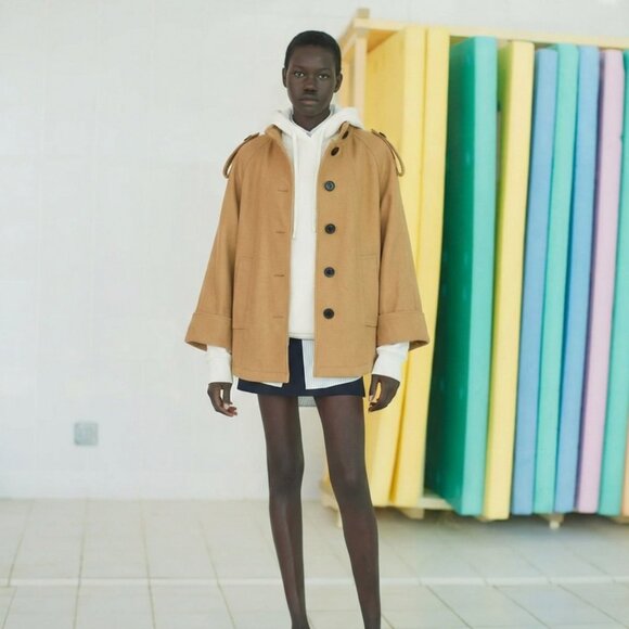 Sandro Jackets & Blazers - SANDRO‎ Spring Wool High Neck Neutral Stand Collar Cocoon Camel Cape Jacket S